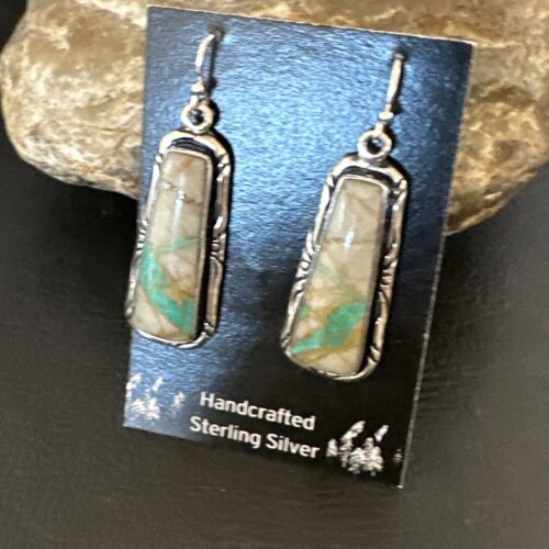 Navajo Blue Boulder Turquoise Dangle Earrings | Sterling Silver | Authentic Native American Handmade | 16496