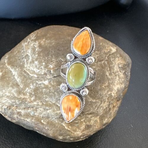 Navajo Green Turquoise Spiny Oyster Multi-Stone Ring | Authentic Native American Sterling Silver | Sz 10 | 16711