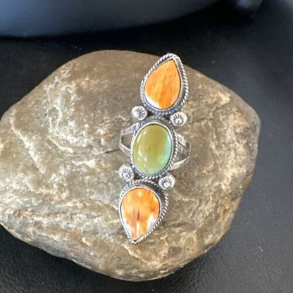 Navajo Green Turquoise Spiny Oyster Multi-Stone Ring | Authentic Native American Sterling Silver | Sz 10 | 16711