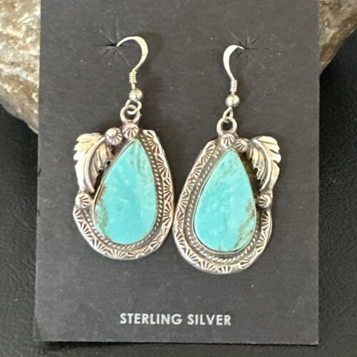 Navajo Blue Kingman Turquoise Dangle Earrings | Sterling Silver | Authentic Native American Handmade | 17373