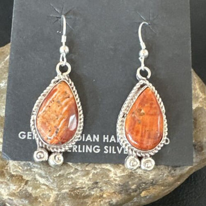 Navajo Orange Spiny Oyster Dangle Earrings | Sterling Silver | Authentic Native American Handmade | 17267