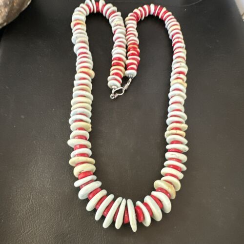 Navajo Sterling Silver Blue Howlite & Red Coral Necklace | Authentic Native American | 30"