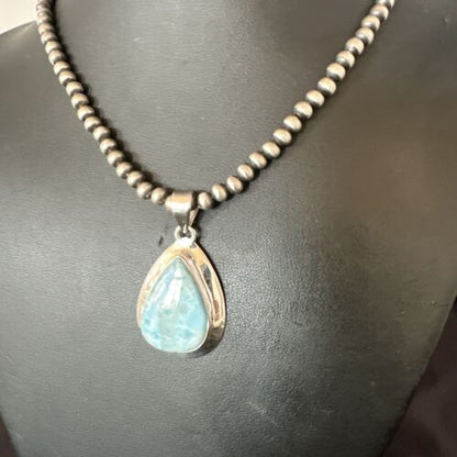 Navajo Blue Larimar Pendant Necklace | Sterling Silver Beads | Authentic Native American Handmade | 17562