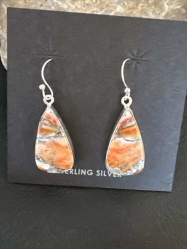 Navajo Blue Turquoise & Orange Spiny Oyster Inlay Dangle Earrings | Sterling Silver | Native American Handmade | 15581