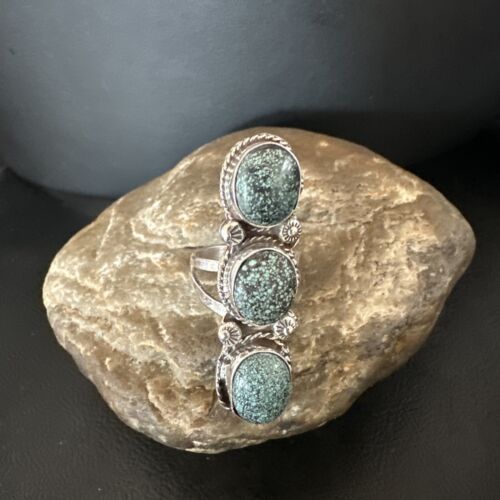 Navajo Blue Spiderweb Turquoise Cluster Ring | Authentic Native American Sterling Silver | Multi-Stone | Sz 9 | 16704