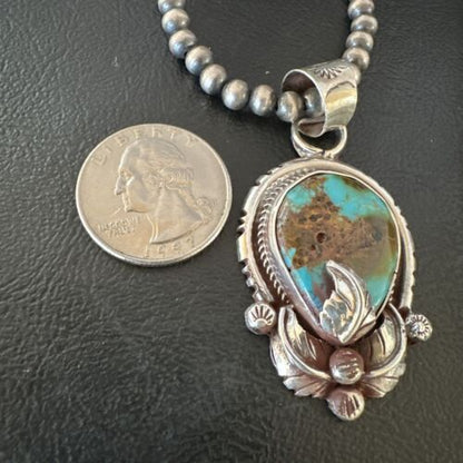 Navajo Blue Turquoise Pendant Necklace | Sterling Silver Pearls | Authentic Native American Handmade | 15655