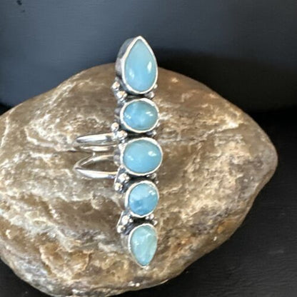 Navajo Blue Larimar Cluster Ring | Authentic Native American Sterling Silver | Multi-Stone | Sz 8.5 | 15936