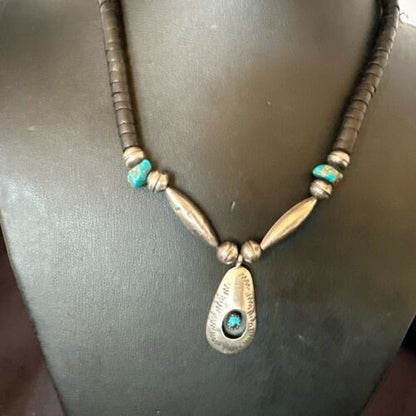 Navajo Blue Turquoise Black Onyx Shadowbox Pendant | Sterling Silver Necklace | 16" | 17542