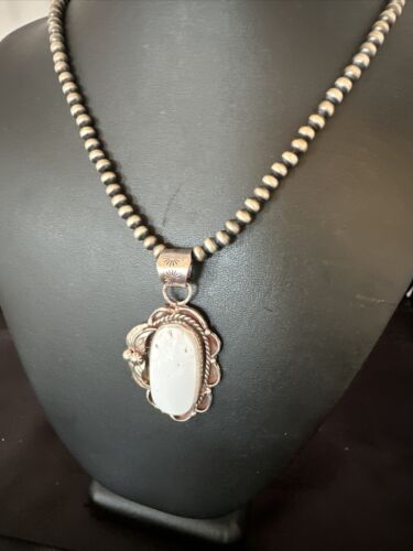 Navajo White Buffalo Turquoise Pendant Necklace | Sterling Silver | Authentic Native American Handmade | 15615