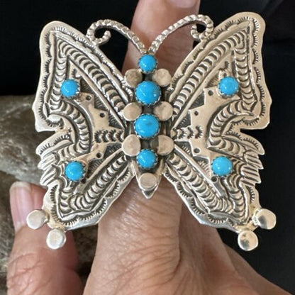 Navajo Turquoise Butterfly Ring | Authentic Native American Sterling Silver | Multi-Stone | Adjustable Women's Sz 7 | 16171