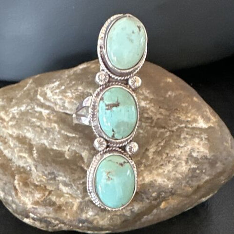 Women Blue Dry Creek Turquoise 3 Stone Navajo Sterling Silver Ring Size 11 16734