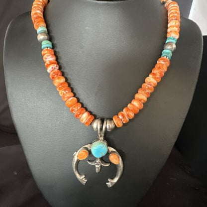 Navajo Blue Turquoise Spiny Naja Pendant Necklace | Sterling Silver | 23" | Authentic Native American Handmade | 14931