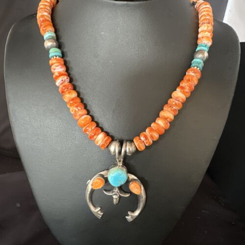 Navajo Blue Turquoise Spiny Naja Pendant Necklace | Sterling Silver | 23" | Authentic Native American Handmade | 14931