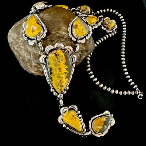 Navajo Yellow Bumblebee Jasper Sterling Silver Lariat Necklace 17202