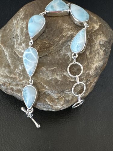 Navajo Blue Larimar Bracelet | Sterling Silver Link | 8" | Authentic Native American Handmade | 16082