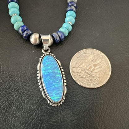 Navajo Opal Inlay Pendant with Turquoise Lapis Pearls | Sterling Silver Necklace | Authentic Native American Handmade | 16846