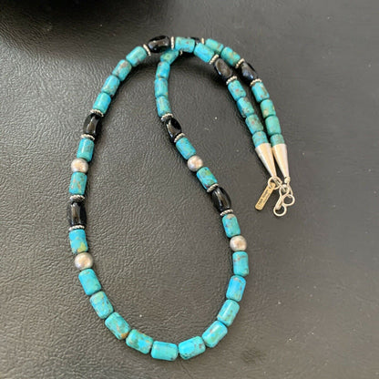 Authentic Tommy Singer Beads Necklace | Turquoise & Onyx | Sterling Silver | Gold | Native American Handmade | 17" | 10390
