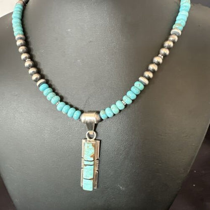 Turquoise #8 Inlay Pendant Necklace | Navajo Sterling Silver | Authentic Native American Handmade | 17057