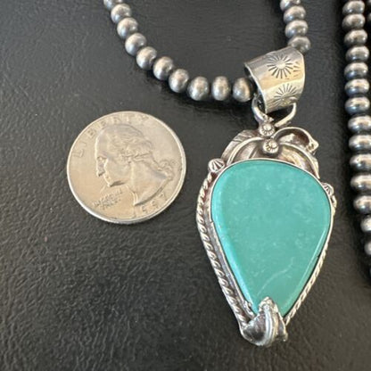 Navajo Blue Turquoise Pendant Necklace | Sterling Silver Pearls | Authentic Native American Handmade | 15648
