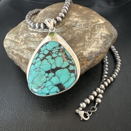 Men's Navajo Blue Spiderweb Turquoise Pendant Necklace | Sterling Silver | Authentic Native American Handmade | 16202