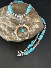 Navajo Kingman Turquoise Naja Pendant Necklace | Sterling Silver | Native American Handmade | 14834