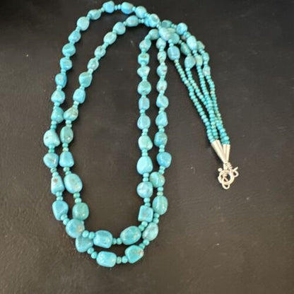 Navajo Blue Nugget Turquoise Necklace | 2 Strand | Sterling Silver | 20" | Authentic Native American Handmade | 15342