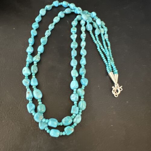 Navajo Blue Nugget Turquoise Necklace | 2 Strand | Sterling Silver | 20" | Authentic Native American Handmade | 15342
