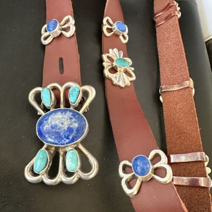 Men's Kingman Turquoise Lapis Concho Belt | Sterling Silver Navajo Tufa | Authentic Native American Handmade | 16682 - Masha USA