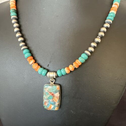 Navajo Spiny Turquoise Pendant Necklace | Sterling Silver | 22" | Authentic Native American Handmade | 17431