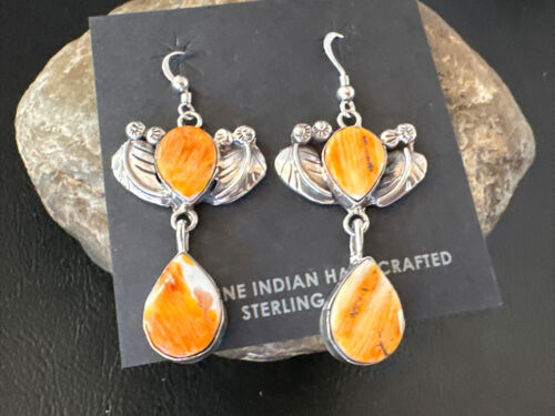 Navajo Orange Spiny Oyster Dangle Earrings | Sterling Silver | 1.5" | Authentic Native American Handmade | 16576