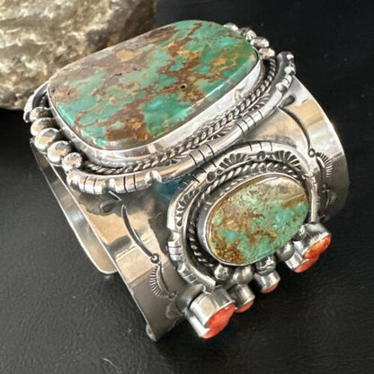 Navajo Green Royston Turquoise Spiny Oyster Cuff Bracelet | Sterling Silver | Authentic Native American Handmade | 15364