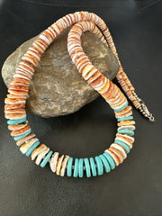 Navajo Sterling Silver Blue Turquoise & Spiny Oyster Graduated Necklace | Authentic Native American | 23" | 16902