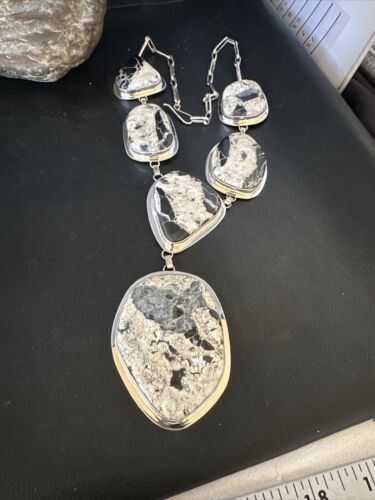 Navajo XL White Buffalo Turquoise Lariat Necklace  | Authentic Native American Sterling Silver | 14992