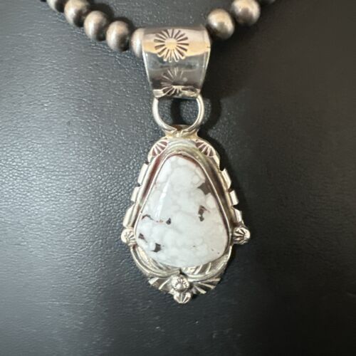 Men's White Buffalo Turquoise Pendant Necklace | Navajo Pearls | Sterling Silver | Native American Handmade | 17335