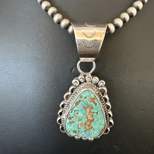 Women's Royston Turquoise Pendant Necklace | Navajo Pearls | Sterling Silver | Authentic Native American Handmade | 17062