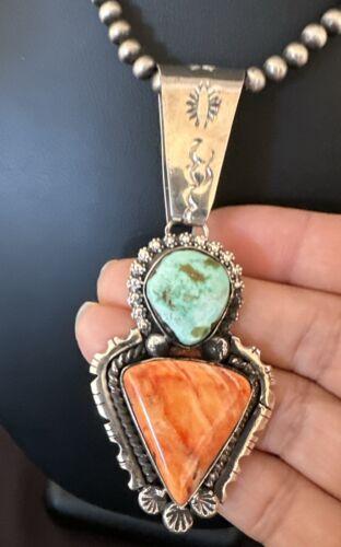 Navajo Green Royston Turquoise | Spiny Pendant Necklace | Sterling Silver | Native American Handmade | 17013