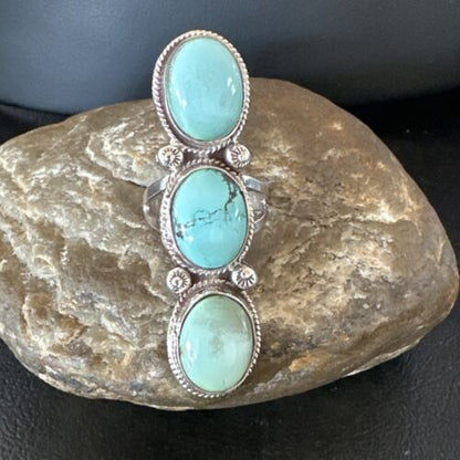 Navajo Blue Dry Creek Turquoise Multi-Stone Ring | Authentic Native American Sterling Silver | Sz 10 | 16731