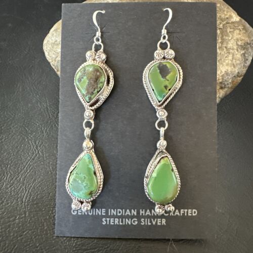 Navajo Green Royston Turquoise Dangle Earrings | Sterling Silver | Authentic Native American Handmade | 17139