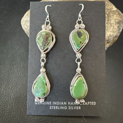 Navajo Green Royston Turquoise Dangle Earrings | Sterling Silver | Authentic Native American Handmade | 17139