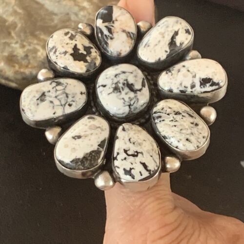 Navajo White Buffalo Turquoise Multi-Stone Ring | Authentic Native American Sterling Silver | Sz 7.5 | 11892