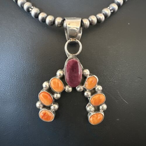 Navajo Pearls Orange Spiny Oyster Naja Pendant | Sterling Silver Necklace | Authentic Native American Handmade | 16802