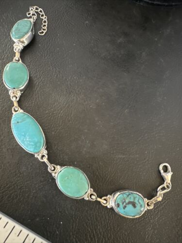 Navajo Blue Turquoise Link Bracelet | Sterling Silver | 8" | Authentic Native American Handmade | 15465