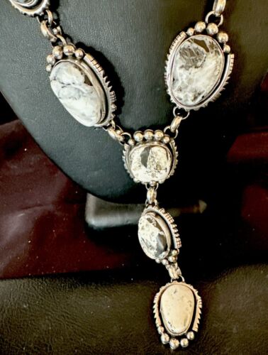 Navajo White Buffalo Turquoise Lariat Necklace | Sterling Silver | Authentic Native American Handmade | 17444