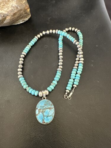 Navajo Men's Blue Spiderweb Turquoise Pendant Necklace | Sterling Silver | Authentic Native American Handmade | 17116