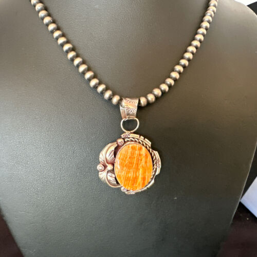 Navajo Orange Spiny Oyster Pendant Necklace | Sterling Silver Pearls | Authentic Native American Handmade | 16559