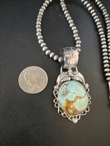 Navajo Blue Golden Hills Turquoise Pendant | Sterling Silver Pearls Necklace | Authentic Native American Handmade | 14994