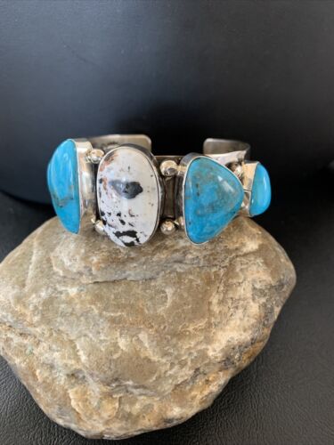 Navajo Kingman White Buffalo Turquoise Row Cuff Bracelet | Sterling Silver | Authentic Native American Handmade
