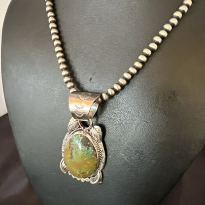 Men's Navajo Green Turquoise Pendant Necklace | Sterling Silver | Authentic Native American Handmade | 17527