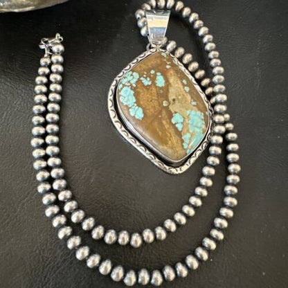 Navajo Blue Turquoise #8 Pendant | Sterling Silver Necklace with Pearls | Authentic Native American Handmade | 16349