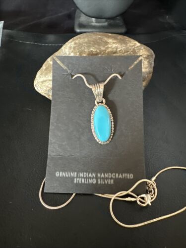 Navajo Blue Turquoise Pendant Necklace | Sterling Silver Chain | Authentic Native American Handmade | 20" | 12601